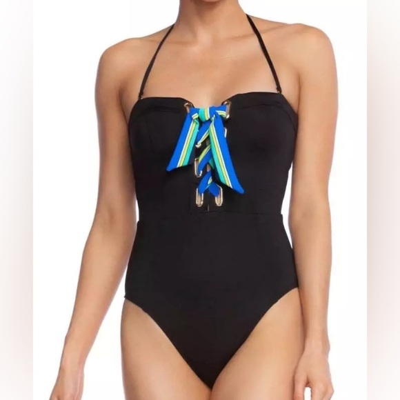 Trina Turk Other - Trina Turk ipanema one piece bandeau lace up black blue swimsuit large